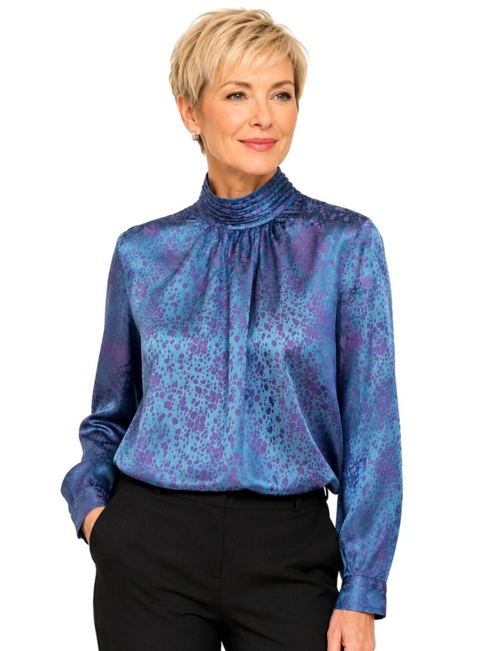 Vintage Barrie Pace Blue Lavender Silk Jacquard Long Sleeve Blouse